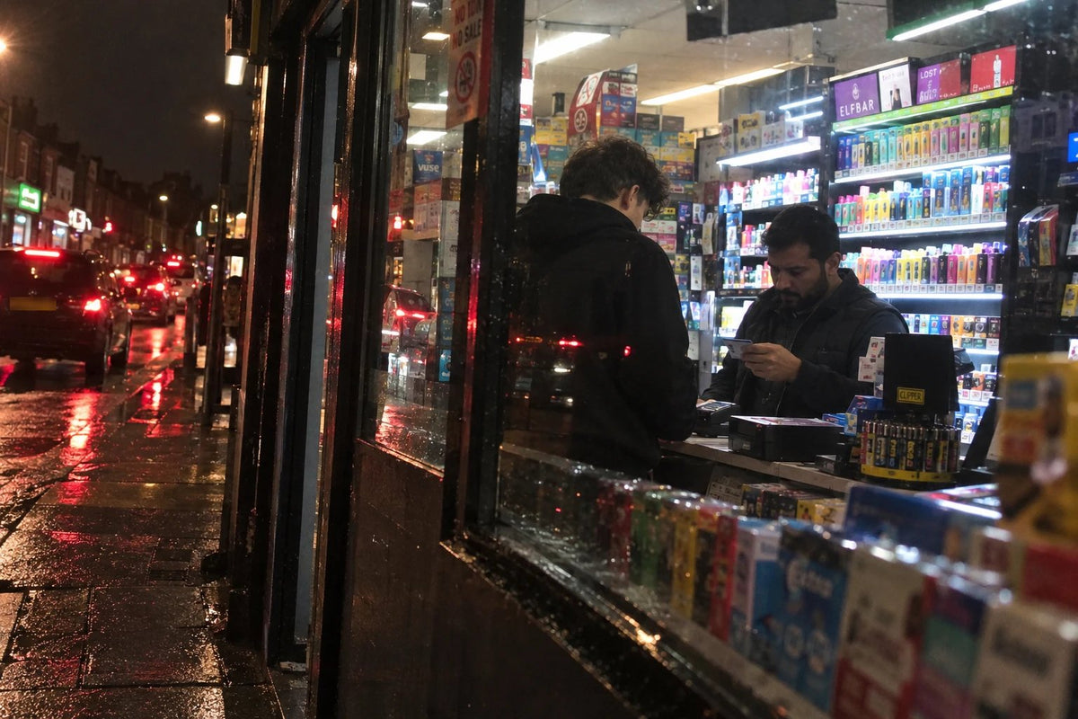 A shopkeeper checks a young man's ID at the counter of a UK corner shop at night, with a wall of colourful vapes behind him