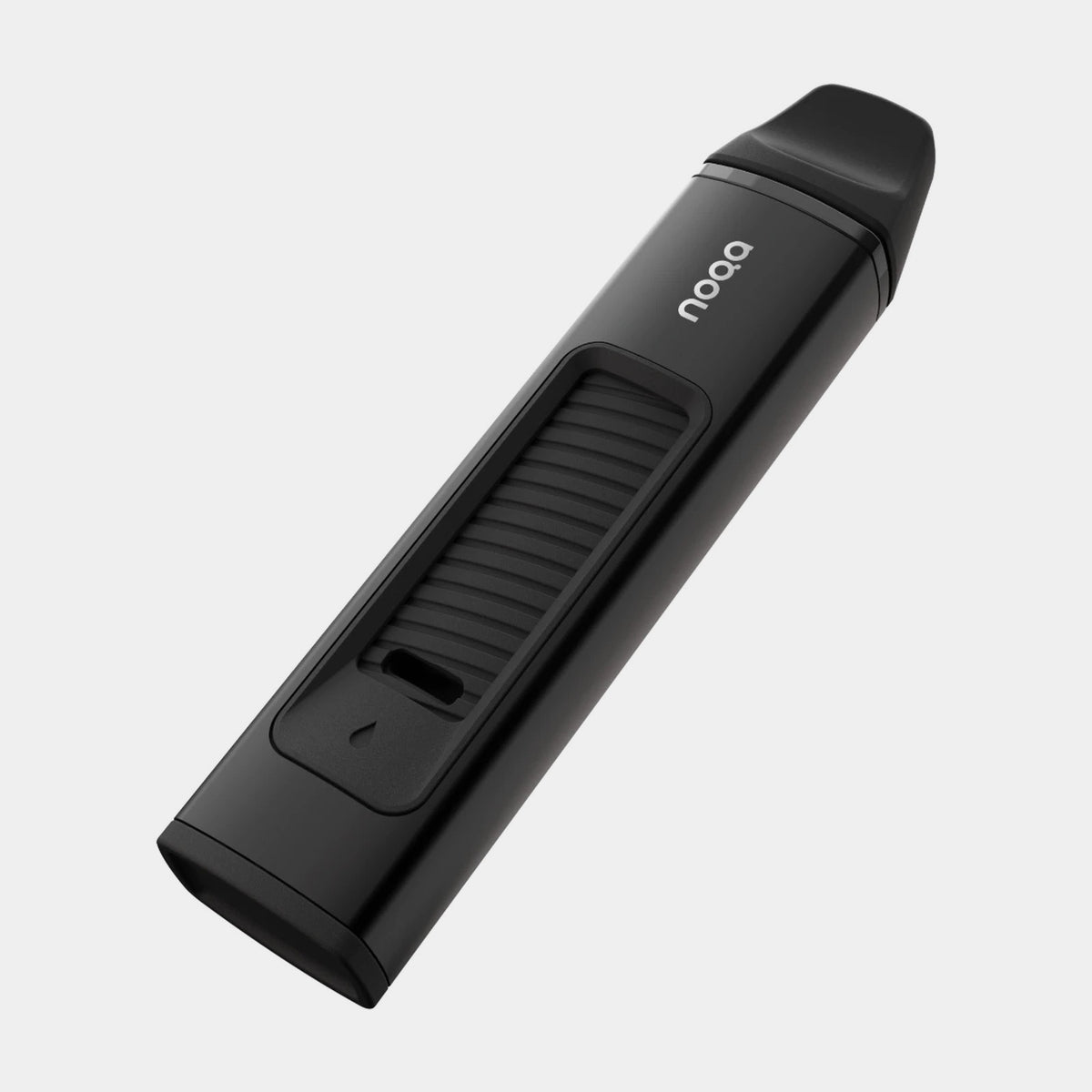 NOQA One nicotine free inhaler, the black device at an angle showing the noqa logo and the airflow slider