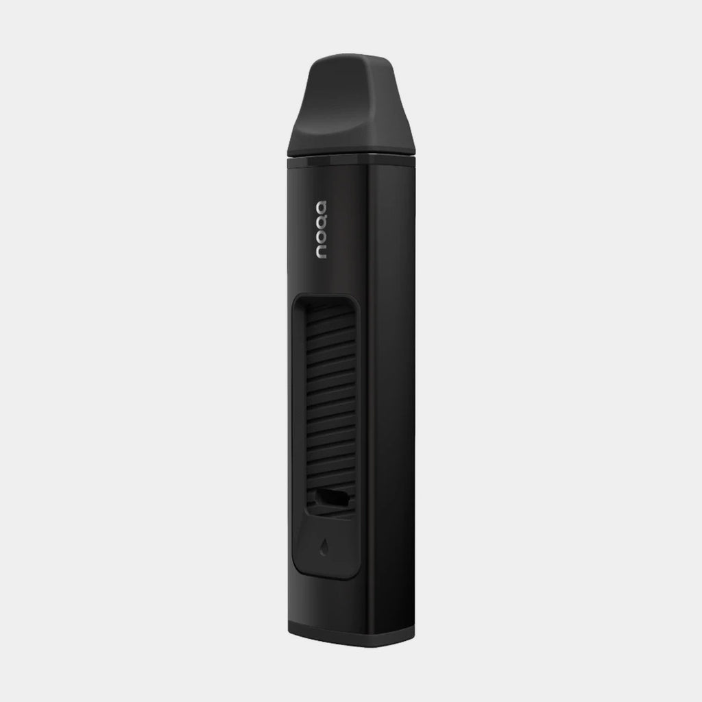 NOQA One nicotine free inhaler, front view of the black device with its mouthpiece and airflow slider